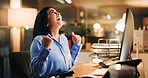 Office, employee and woman with computer, celebration or happy for project at night, win or success. Excited, accountant and financial report with tech, dark and person with achievement and online