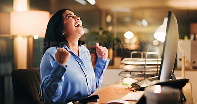 Buy stock photo Office, employee and woman with computer, celebration or happy for project at night, win or success. Excited, accountant and financial report with tech, dark and person with achievement and online