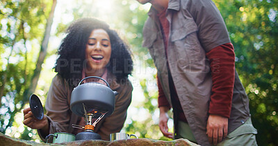 Buy stock photo Camping, kettle and vacation with couple in nature for travel destination, coffee break and boiling water. Bonding, brewing tea and low angle with man and woman in forest for trekking adventure