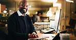 Computer, finance and portrait of business black man in office at night for risk management. Portfolio, review and smile of mature employee reading financial charts, data or graphs at work in evening