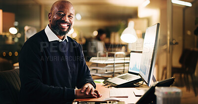 Buy stock photo Computer, finance and portrait of business black man in office at night for risk management. Portfolio, review and smile of mature employee reading financial charts, data or graphs at work in evening