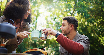 Buy stock photo Happy couple, hiking and coffee in forest with toast, bonding or success on tourism adventure in summer. Man, woman or travel with interracial love, tea cup or cheers on holiday for trekking in woods