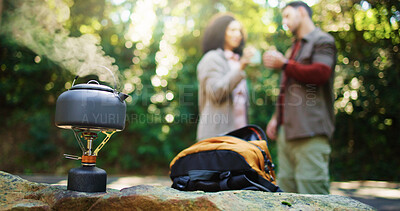 Buy stock photo Travel kettle, couple and nature with backpack for hiking break, rest or camp out in forest. Equipment, gear or coffee with man and woman for trekking stop, drink or outdoor beverage in wilderness