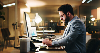 Buy stock photo Business, night and man with computer, typing and internet for stats, financial agency and trading. Evening, person and employee with pc, online reading or economy info with research for stock market