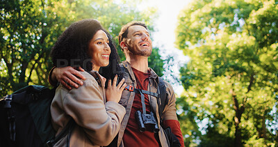 Buy stock photo Hiking, relax and travel with couple in nature for holiday, trekking adventure and bonding. Backpacking date, environment and vacation with man and woman in forest for love, support and hobby