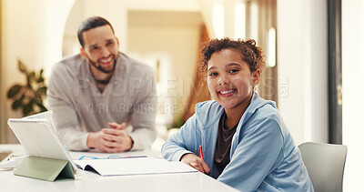 Buy stock photo Homework, portrait and father with daughter in home for education, student support and bonding. Math tutor, learning and homeschool teaching with man and kid in family house for child development