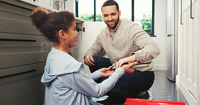 Buy stock photo Dad, girl and toolbox in home, help and happy in kitchen with repair, teaching and bonding on floor. People, father and daughter with support, learning and gear for maintenance at family house