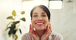 Happy woman, portrait and bathroom with skincare for natural beauty or hygiene in home. Face, female person or smile with lens flare for clean teeth, anti aging treatment or skin shine in house