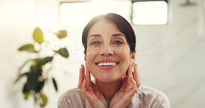 Buy stock photo Happy woman, portrait and bathroom with skincare for natural beauty or hygiene in home. Face, female person or smile with lens flare for clean teeth, anti aging treatment or skin shine in house