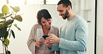 Bonding, social media and couple in house with phone, follower check or video review on digital platform. Smile, partner and influencer in bathroom with tech, audience count or reaction on mobile app