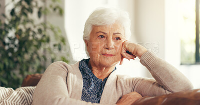 Buy stock photo Thinking, reflection and senior woman on sofa in home for relaxing, memory or nostalgia in living room. Ideas, retirement and elderly female person with choice, planning or decision in house.