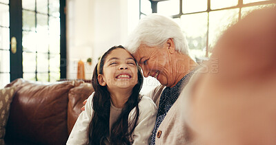Buy stock photo Love, selfie and grandmother with child on sofa in family home for memory, bonding or profile picture. Happiness, photography POV or relax with old woman and kid in living room for smile, hug or care