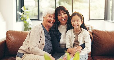Buy stock photo Grandmother, mother and daughter in lounge with portrait, visit or bonding for special memory connection. Happy, people and family in living room with smile, embrace and generations together in home.