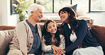 Grandmother, mother and eye contact in lounge with daughter, portrait and bonding in home. Happy, people and family in living room with smile, embrace and generations together for connection.