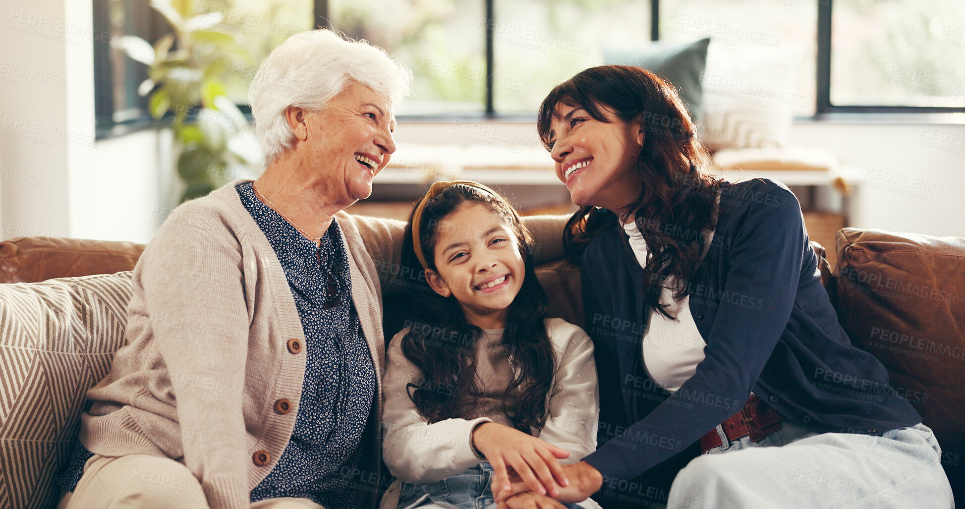Buy stock photo Grandmother, mother and eye contact in lounge with daughter, portrait and bonding in home. Happy, people and family in living room with smile, embrace and generations together for connection.