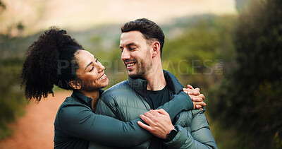 Buy stock photo Couple, adventure and hug on hike, forest and bonding for fitness, love and laugh in nature or trip. Outdoor, man and embrace with woman on weekend, care or together on holiday, healthy and wellness