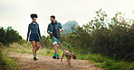 Couple, walk and hiking with dog on mountain for travel, morning exercise and trekking adventure. People, fitness trip and trail with pet companion, tourism journey and fresh air for vacation bonding