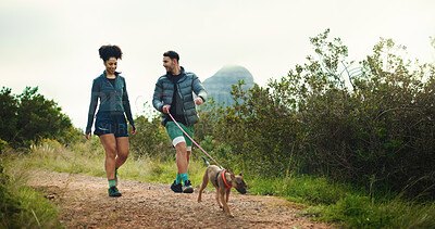 Buy stock photo Couple, walk and hiking with dog on mountain for travel, morning exercise and trekking adventure. People, fitness trip and trail with pet companion, tourism journey and fresh air for vacation bonding