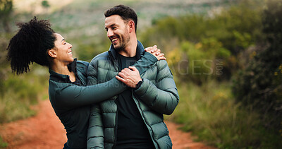Buy stock photo Fitness, couple and hug on hike, forest and bonding for adventure, love and laugh in nature or trip. Outdoor, man and embrace with woman on weekend, care or together on holiday, healthy and wellness