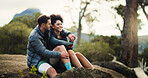 Smile, couple and rest from hiking in nature with hug, travel adventure and bonding on holiday trip. Happy, people and embrace on mountain for sightseeing, trekking break and backpacking vacation 