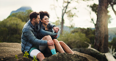 Buy stock photo Smile, couple and rest from hiking in nature with hug, travel adventure and bonding on holiday trip. Happy, people and embrace on mountain for sightseeing, trekking break and backpacking vacation