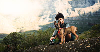 Buy stock photo Portrait, woman and hiking with dog on mountain for travel, morning exercise and trekking break. Smile, person and relax with pet companion, tourism adventure and fresh air space for vacation bonding