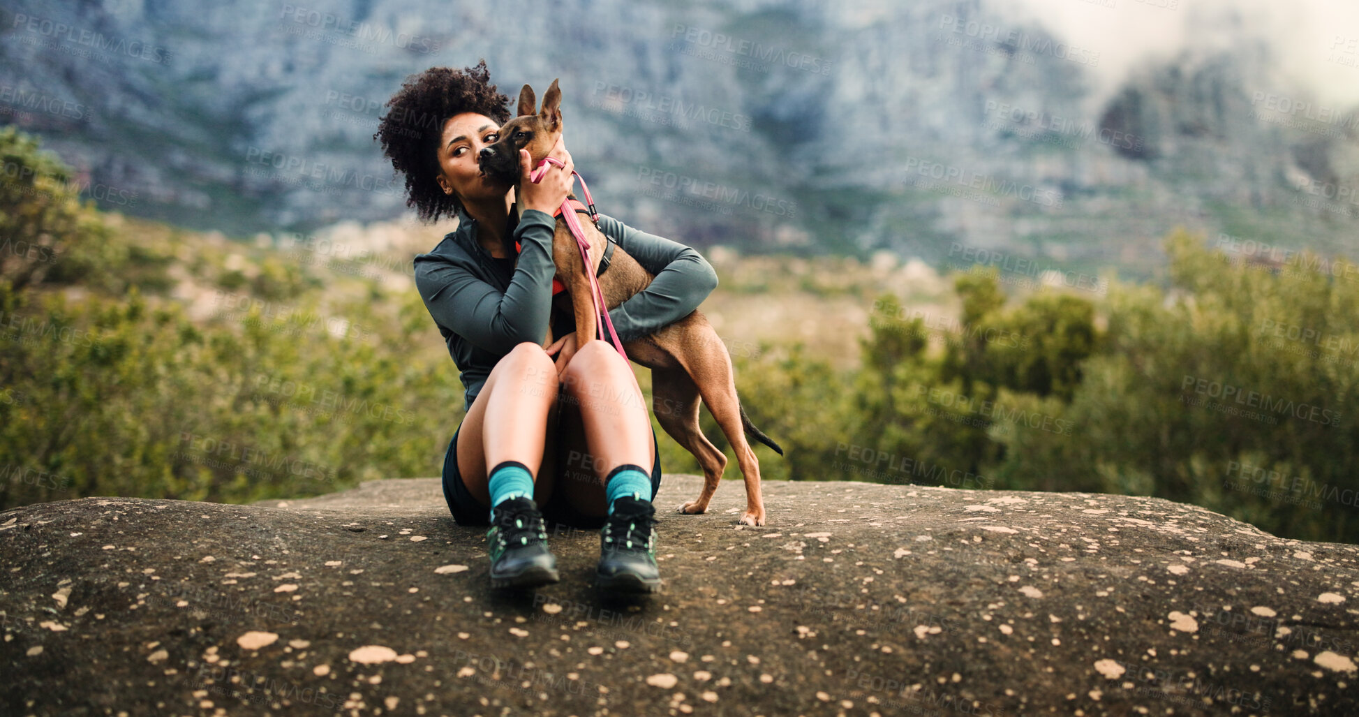 Buy stock photo Break, hiking or kiss with woman and dog in mountains for adventure, bonding or journey. Cuddle, love or trekking with happy pet owner and puppy on space in forest together for exercise or fitness