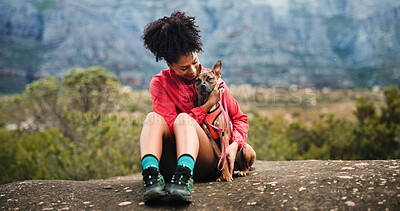 Buy stock photo Break, hiking or hug with woman and dog in mountains for adventure, bonding or journey. Cuddle, love or relax with happy pet owner and puppy outdoor in forest together for exercise or fitness
