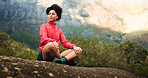 Thinking, mountain and woman rest for hiking, outdoor adventure and exercise in nature. Fitness, hiker and person on break, relax and thoughtful in countryside for fresh air, wellness and sightseeing