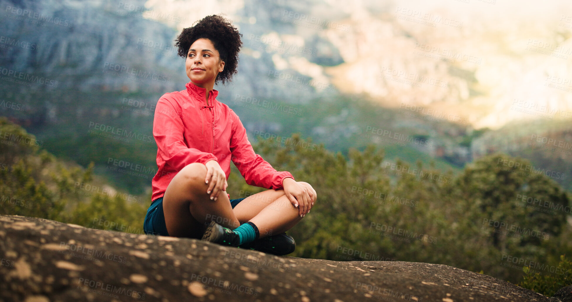 Buy stock photo Thinking, mountain and woman rest for hiking, outdoor adventure and exercise in nature. Fitness, hiker and person on break, relax and thoughtful in countryside for fresh air, wellness and sightseeing