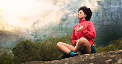 Buy stock photo Breathing, outdoor and woman with fitness, relax and tired with heart health, nature and chakra. Wellness, person and hiker with break, peaceful and fatigue with balance and mountains in Canada
