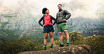 Pride, mountain and hiking with couple in nature for fitness, trekking adventure and freedom. Workout partner, hiker date and goal with man and woman on rock for health, vacation and connection