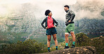 Happy couple, fitness or break on mountain rock for hiking trail, workout or outdoor exercise. Active, man and woman with smile or confidence for trekking stop or physical training together in nature