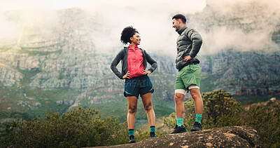 Buy stock photo Happy couple, fitness or break on mountain rock for hiking trail, workout or outdoor exercise. Active, man and woman with smile or confidence for trekking stop or physical training together in nature