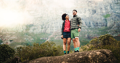 Buy stock photo Hiking, relax and fitness with couple in nature for trekking adventure health journey and support. Sightseeing, environment and explore with man and woman for bonding, smile and mountain trip