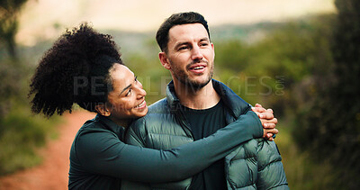 Buy stock photo Couple, love and hug on hike, forest or bonding for adventure, think and happy in nature or fitness. Outdoor, man and embrace with woman on weekend, affection or care on holiday, healthy and wellness