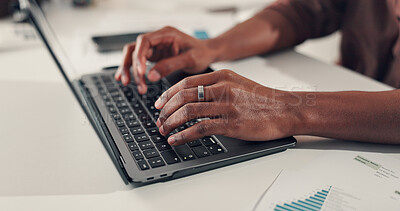 Buy stock photo Hands, creative and person with laptop in office for research, editor feedback and article sales. Journalist, pc and graphs for proofreading, copywriting report and information on publication revenue