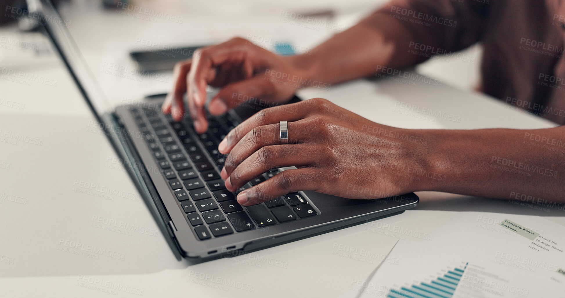 Buy stock photo Hands, creative and person with laptop in office for research, editor feedback and article sales. Journalist, pc and graphs for proofreading, copywriting report and information on publication revenue