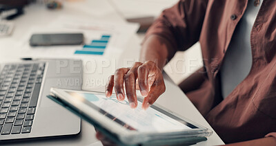 Buy stock photo Scroll, tablet and hands of man reading in office for review, platform engagement and charts or graphs. Screen, infographic or documents with social media agent in workplace for traffic statistics