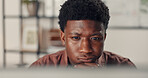 Reading, computer and research with black man in office for magazine editor, column or website planning. Creative project, trend update and broadcast report with journalist person in media agency