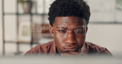 Reading, computer and research with black man in office for magazine editor, column or website planning. Creative project, trend update and broadcast report with journalist person in media agency