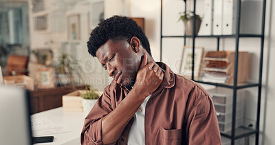 Buy stock photo Business, neck pain and black man in office, burnout and muscle tension with copywriting. African person, worker and journalist with stress, inflammation and massage with joint injury or pressure