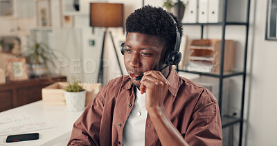 Buy stock photo Call center, black man and consultant at help desk for feedback, technical support or crm. IT agent, headset and talk for virtual advice, customer service and solution for network connectivity