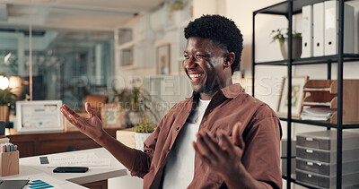 Buy stock photo Happy, success and man in office with statistics, profit or revenue growth in data analytics report. Smile, analyst and black person in agency with performance goals, benchmark or target achievement