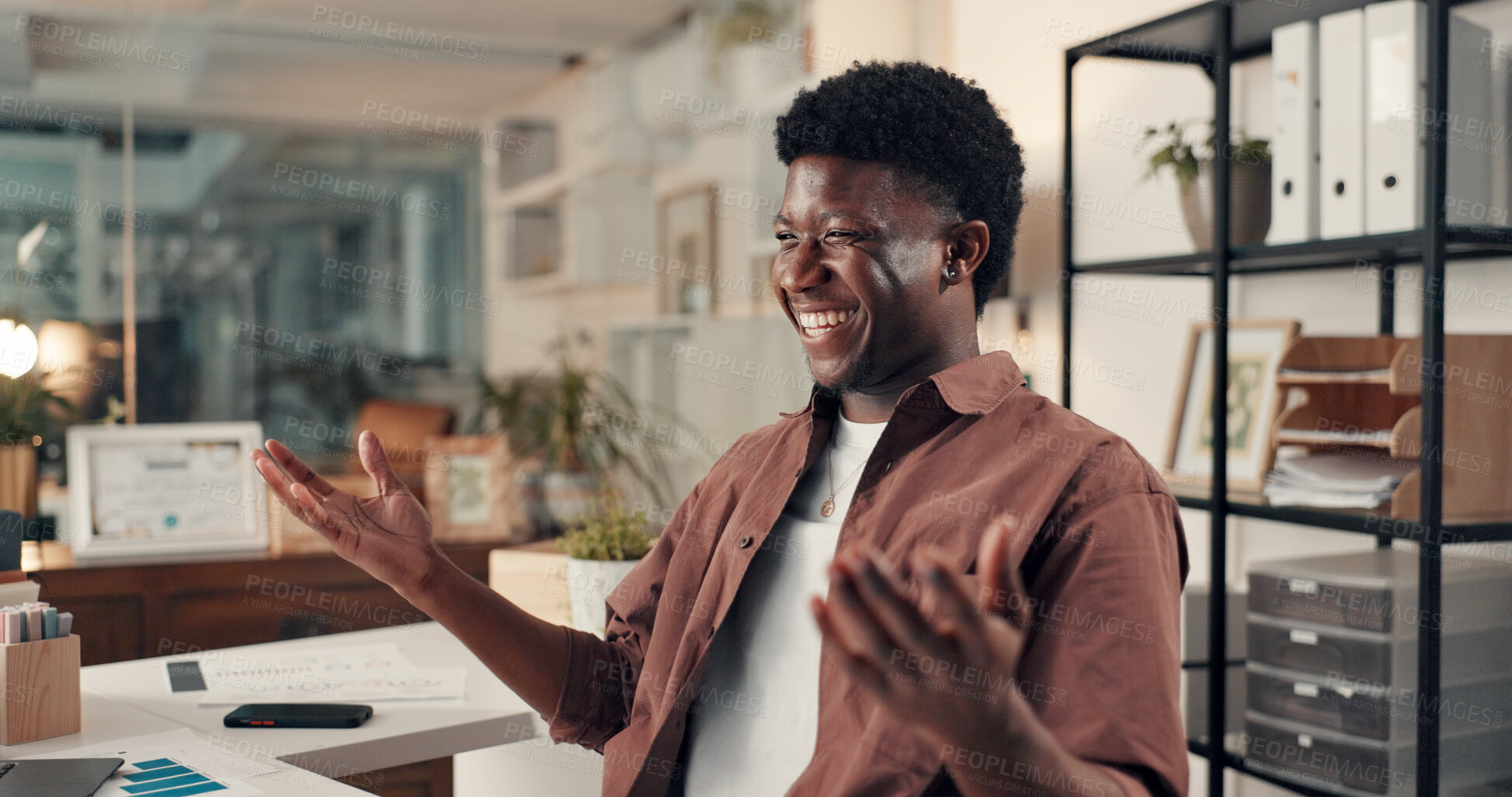 Buy stock photo Happy, success and man in office with statistics, profit or revenue growth in data analytics report. Smile, analyst and black person in agency with performance goals, benchmark or target achievement