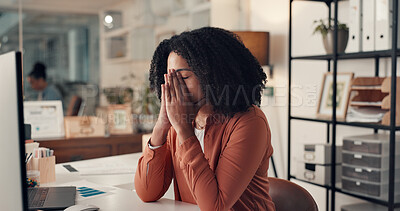 Buy stock photo Headache, black woman or stress in office with deadline, tired or frustrated from work. Anxiety, business person or burnout in company with eye strain, overworked or pressure for economic uncertainty