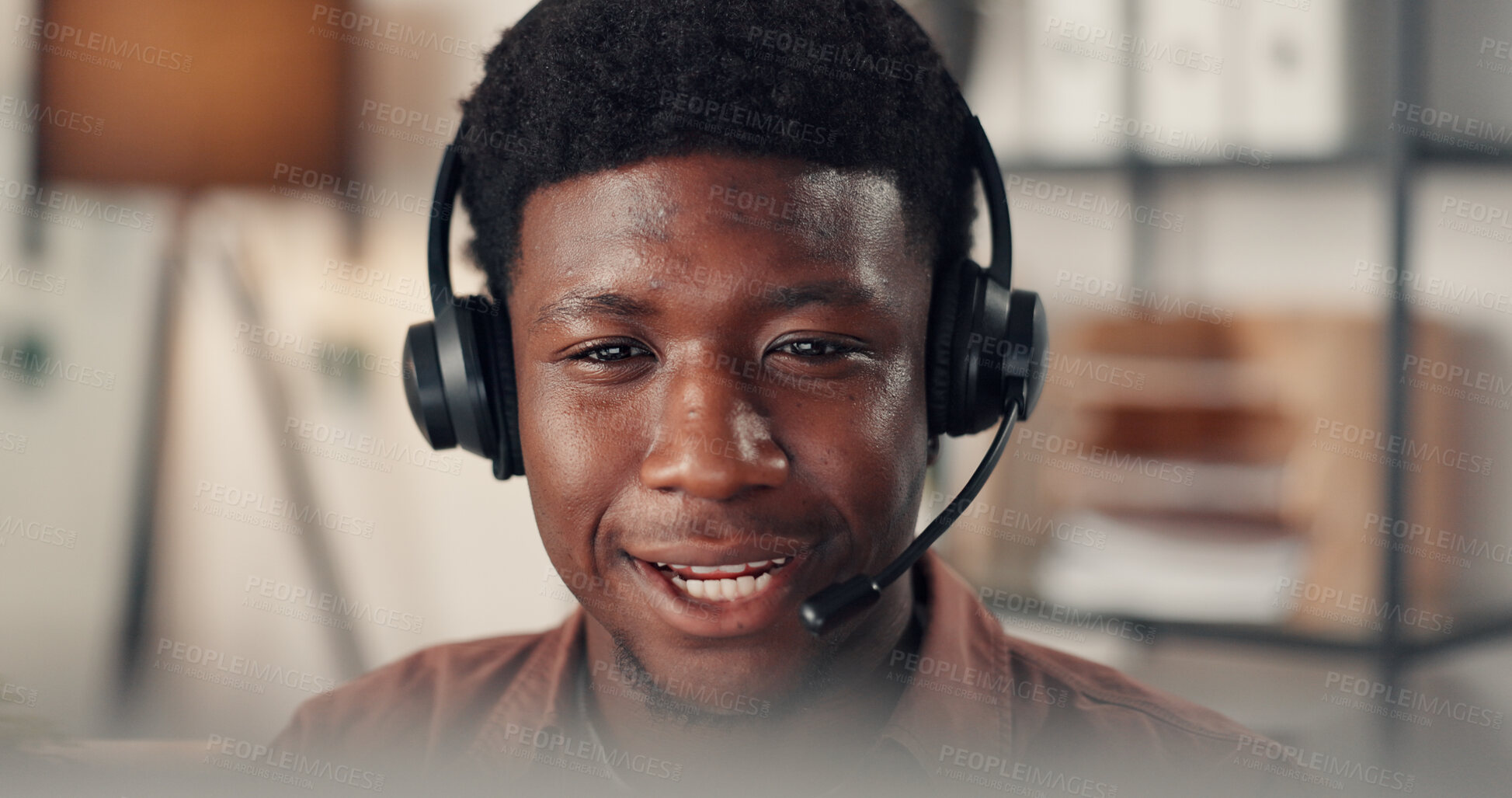 Buy stock photo Call center, black man and consultant at help desk for technical support, feedback or crm. Happy IT agent, headset and talk for virtual advice, customer service and solution for network connectivity
