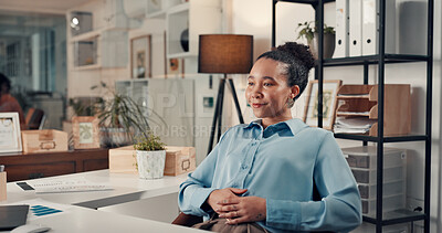 Buy stock photo Smile, thinking and business woman in office at night, planning and financial solution. Happy consultant, reflection and vision in workplace with professional mindset, overtime or investment decision