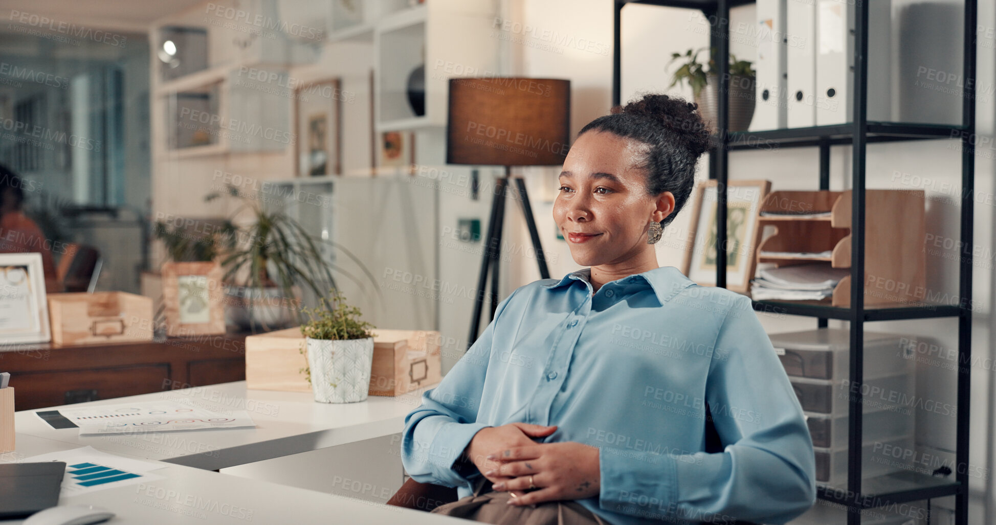 Buy stock photo Smile, thinking and business woman in office at night, planning and financial solution. Happy consultant, reflection and vision in workplace with professional mindset, overtime or investment decision