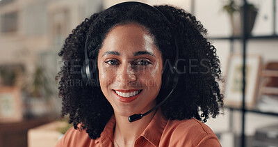 Buy stock photo Happy woman, portrait and night consultant with headset for advice or customer service in office. Female person, agent or working late with smile or mic for virtual assistance or help in call center